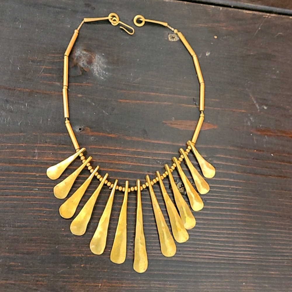 Unique brass tone necklace, hand crafted,  hand hammered,  17 inch